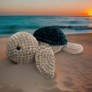 Handmade Large Crochet Plush Sea Turtle Stuffed Animal - Tan and Emerald Green